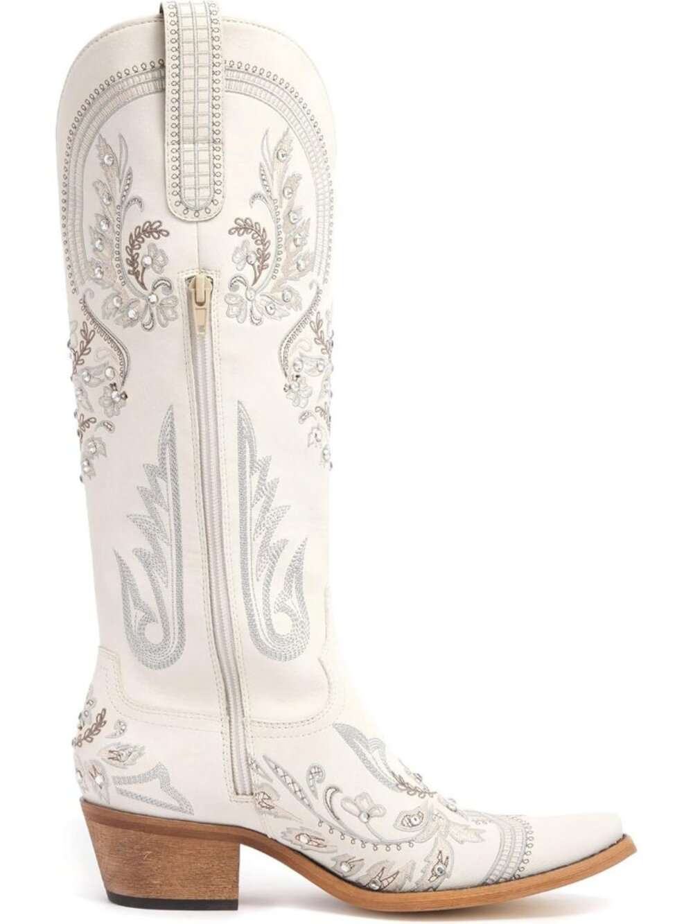 Woman's Cream Pointed Toe Embroidered Rhinestone Chunky Heel Cowgirl Boots - Picture 3 of 7